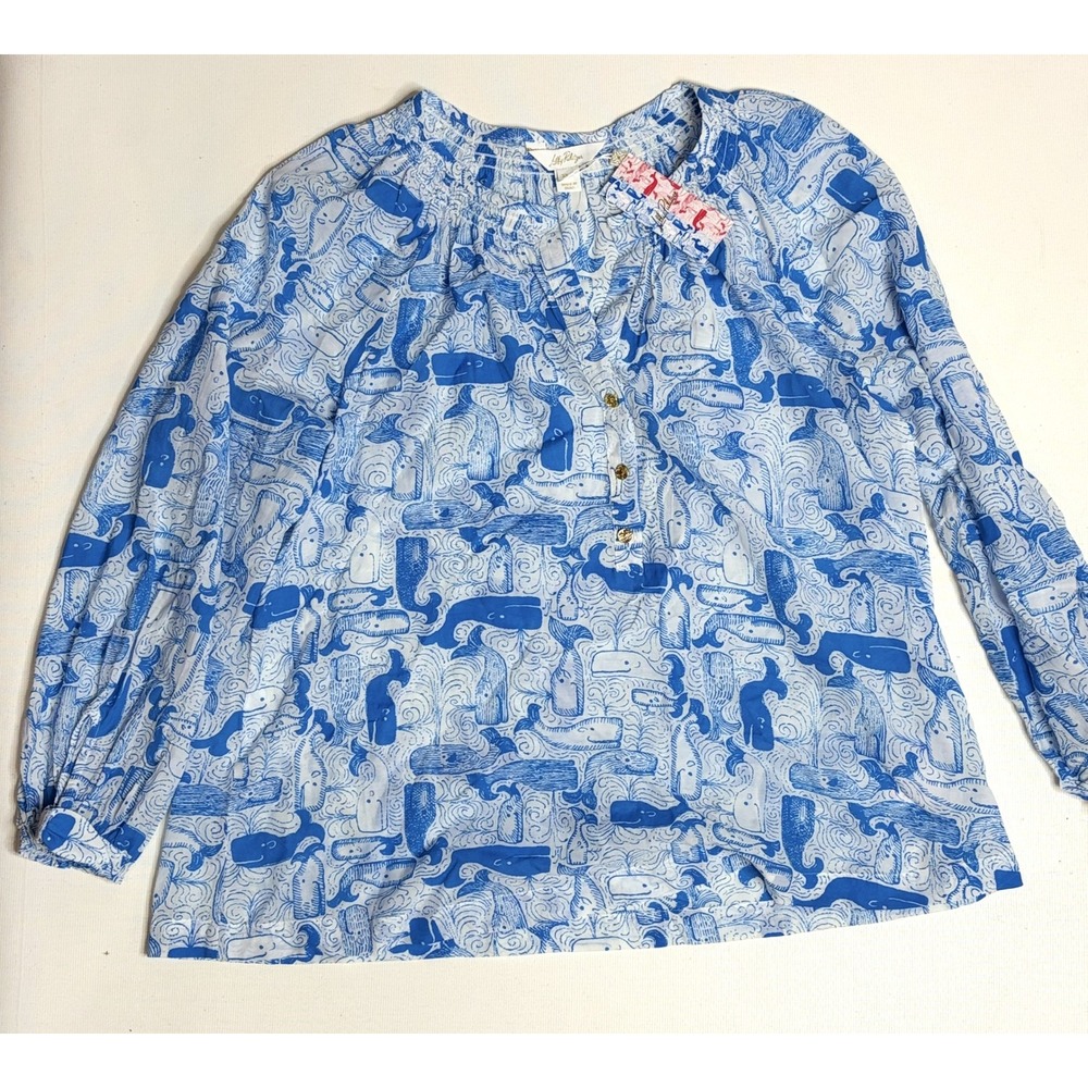Lilly Pulitzer Andria Top Thar She Blows Whale Print Nassau Blue XL NWT - Picture 5 of 8